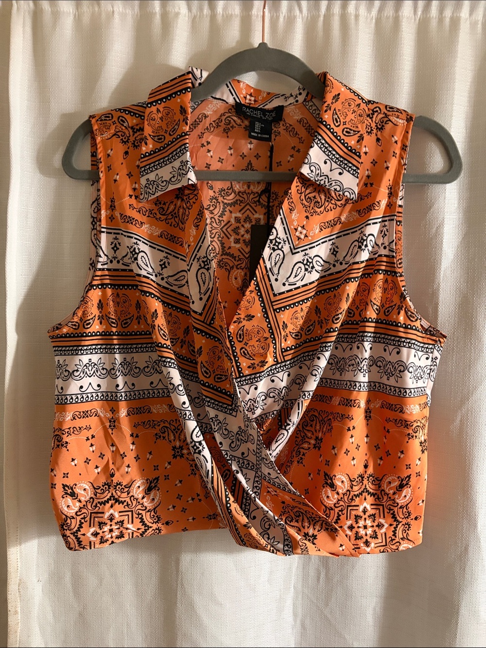 Rachel Zoe Orange and White Bandana-Print Sleeveless Faux Wrap Top